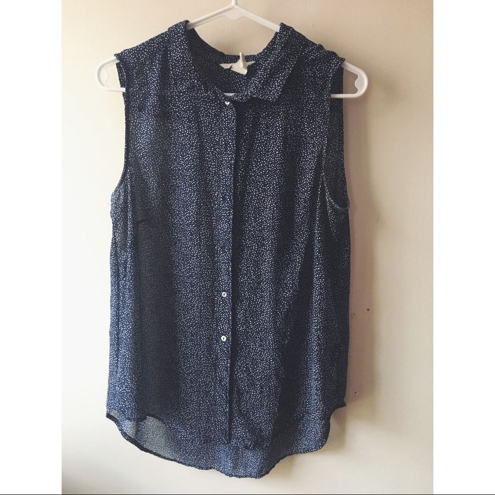 H&M sheer sleeveless dark blue button up blouse
